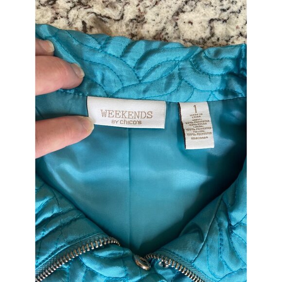 Chicos Weekends Womens Quilted Teal Zip-Up Vest Size 1 Medium Collared - Picture 3 of 8